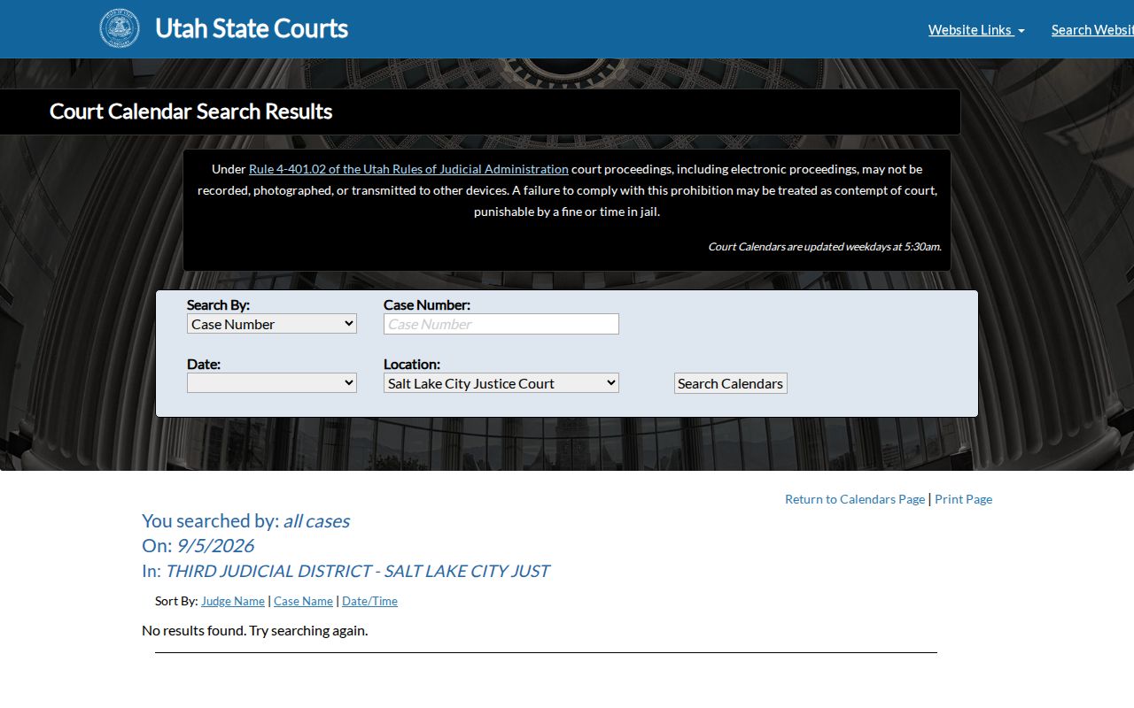 Salt Lake County court schedule search controls