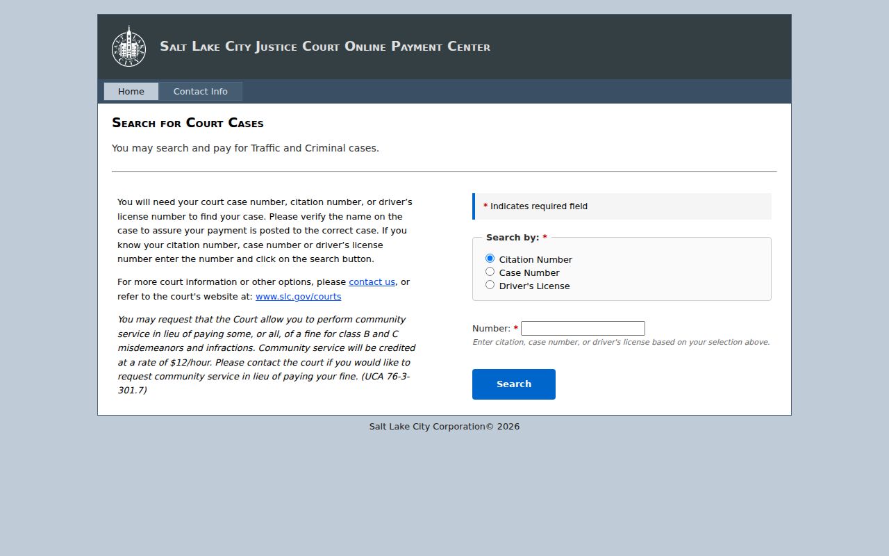 Salt Lake County traffic ticket citation case and license search fields