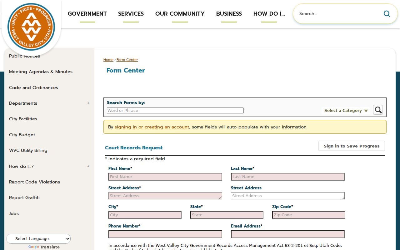 Salt Lake County court case records request fields