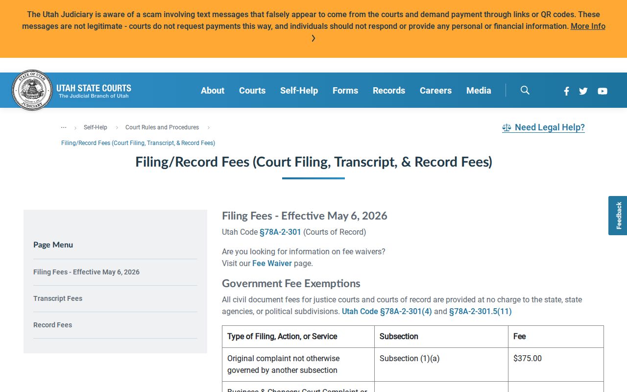 Salt Lake County court record certified and exemplified copy fees