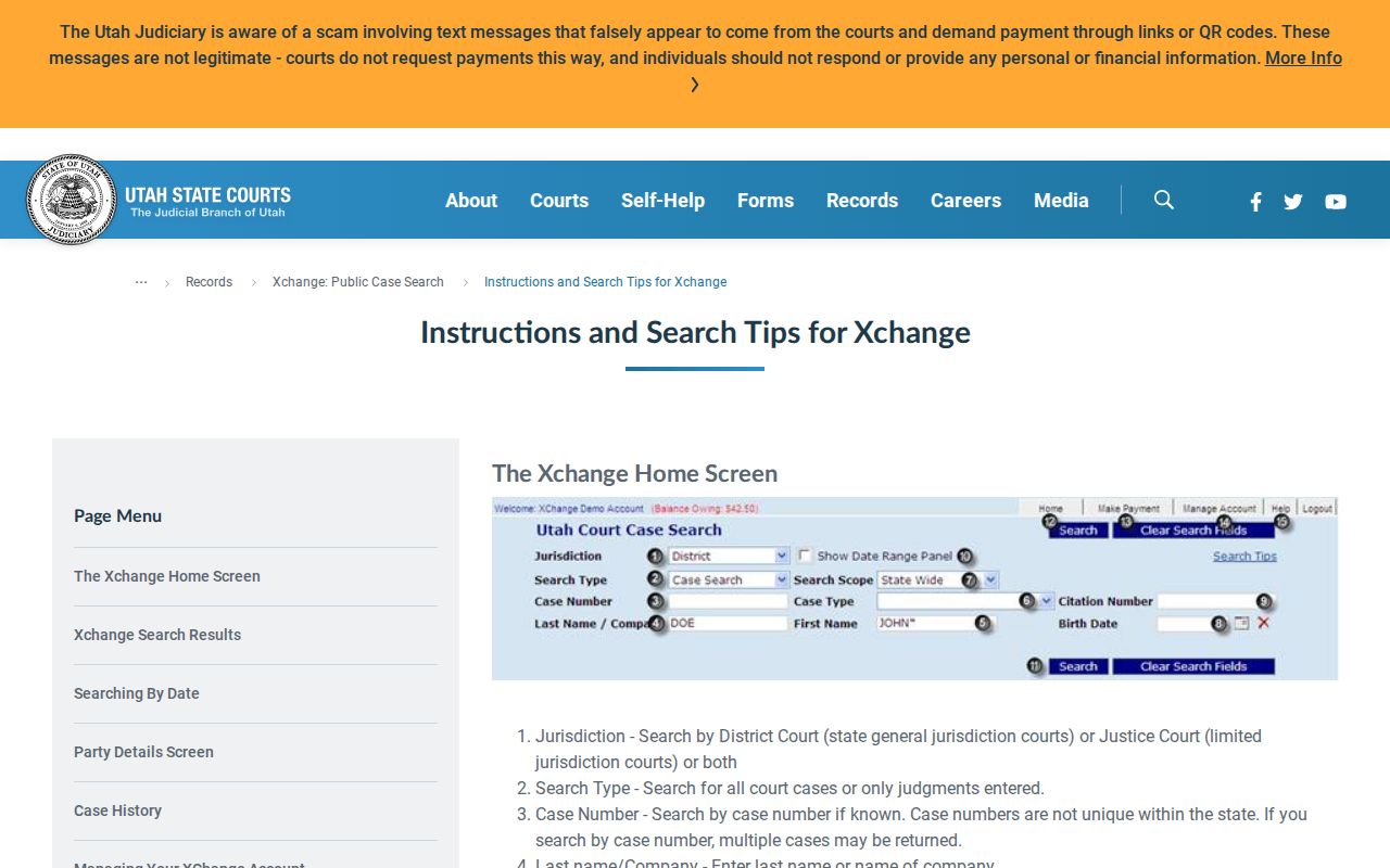 Salt Lake County court docket Xchange search fields